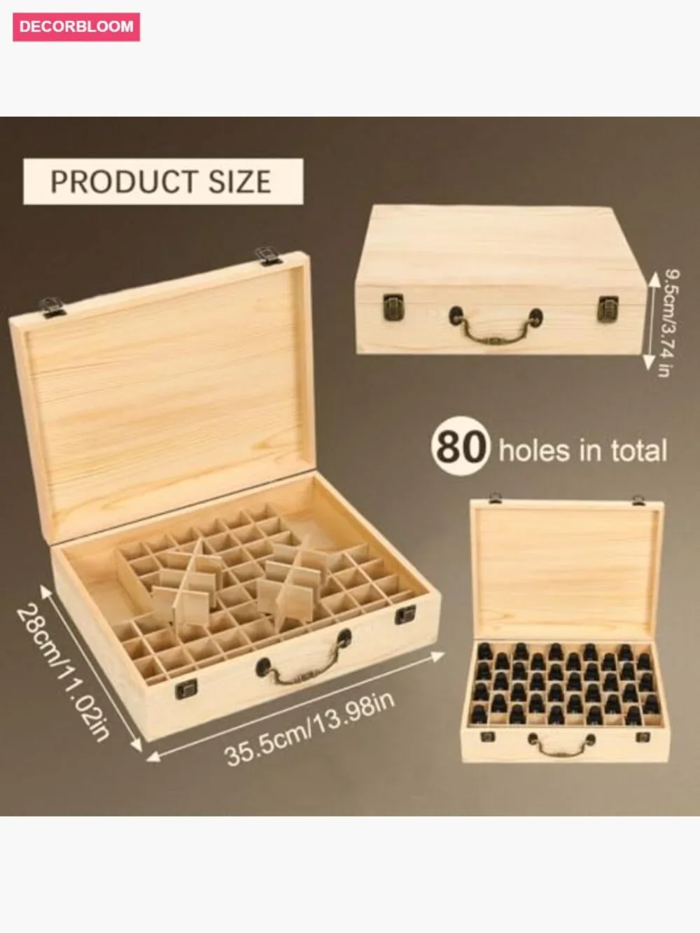 Wooden Essential Oil Storage Box Travel Case Holds 80 Bottles 5-15ml